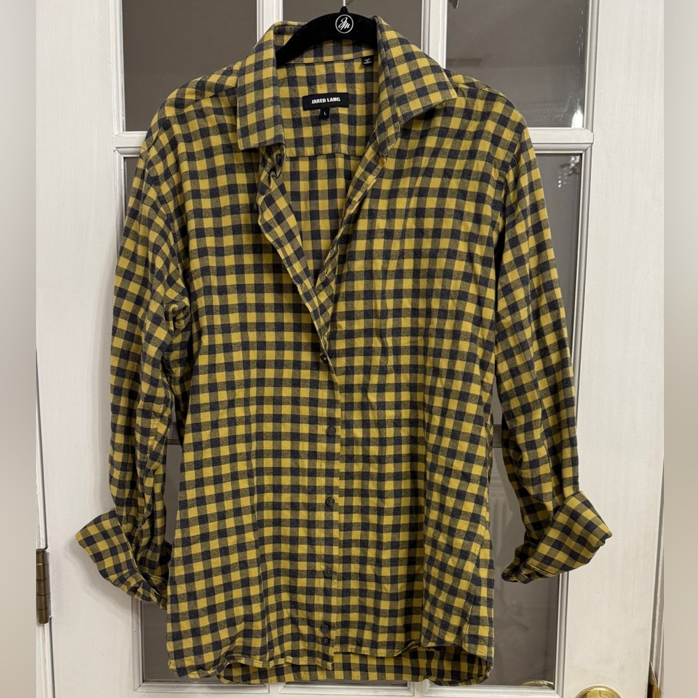 JARED LANG Men’s Yellow & Navy Blue Checkered Long Sleeve Button Down Shirt - Picture 1 of 4